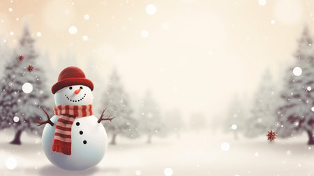 Snowman with red hat and scarf in snowy forest. 3D renderingの素材