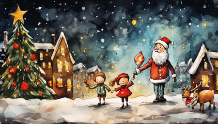 Christmas greeting card with Santa Claus and children in the village. Watercolor illustration.の素材