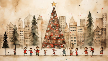 Children and a Christmas tree in the city. Watercolor illustration.の素材