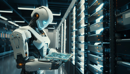 3d rendering humanoid robot with tablet in server room or data centerの素材