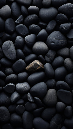black pebbles background with a single stone in the middle.の素材