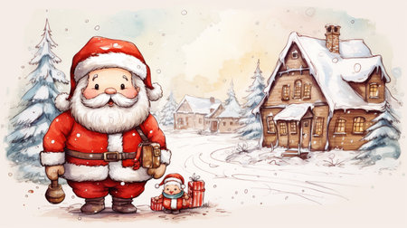 Santa Claus and little girl in winter village. Hand drawn illustration.の素材