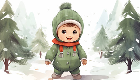 Cute little boy in winter clothes standing in the snow. Vector illustration.の素材