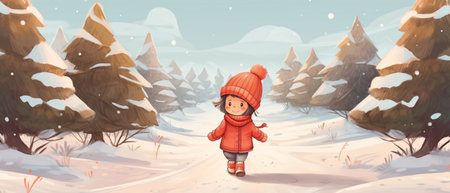 Cartoon winter landscape with girl in red jacket and hat. Vector illustration.の素材