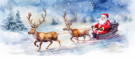 Christmas card with Santa Claus and reindeers. Watercolor illustration.の素材