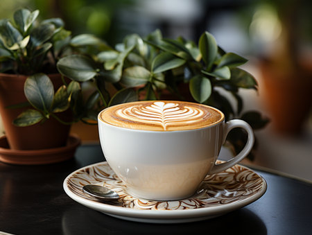 Cup of coffee with latte art on table in coffee shopの素材