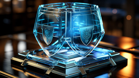 Cyber security concept. Shield and shield on a dark background. 3d illustrationの素材