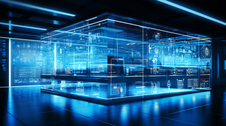 Futuristic office interior with glowing blue neon lights 3D renderingの素材