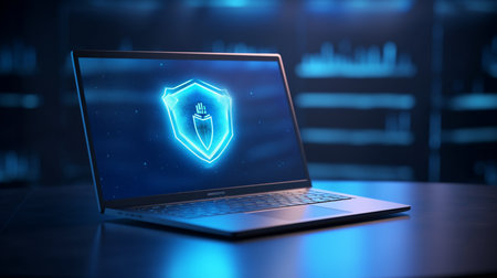 Laptop with security shield hologram on blurry background 3D renderingの素材