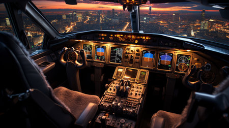 Cockpit of a small airplane at sunset. View from the cockpitの素材