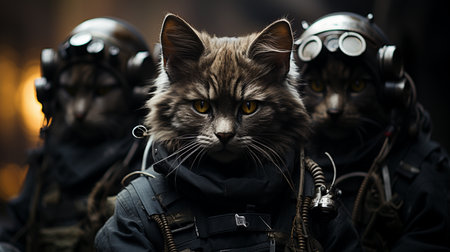 Portrait of a cat in an aviator's helmet on a dark backgroundの素材