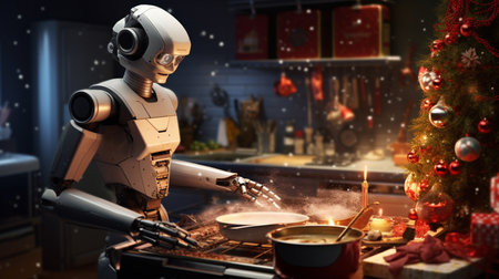 3d rendering of a robot cooking christmas dinner at the kitchenの素材