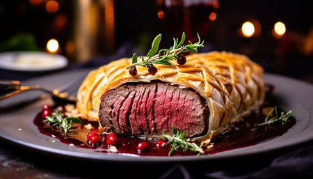 Delicious beef tenderloin with rosemary and cranberry sauce. Wellington steak. Christmas Eve food.の素材