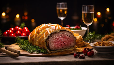 Traditional Christmas roast beef tenderloin in puff pastry on wooden boardの素材