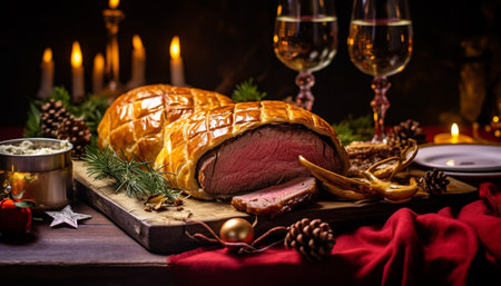 Christmas roast beef on a cutting board. Christmas background. Selective focus.の素材