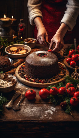 Woman's hands decorating a dark chocolate cake with cherry tomatoes and spices.の素材