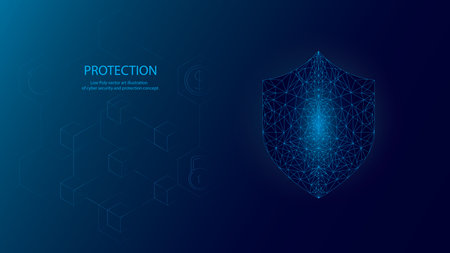 Technology background low poly shield and protection. Polygonal shield on blue light background.のイラスト素材