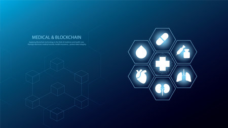 Illustration of blockchain technology applied in medicine and health care. Vector low poly wireframe in modern and futuristic style on blue light background.のイラスト素材
