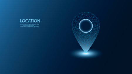 3d illustration of location icon with low poly wireframe on blue light background. Vector polygons in modern and futuristic style.のイラスト素材