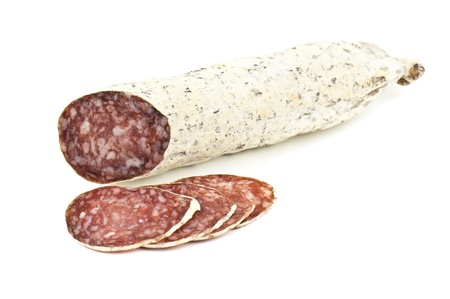 delicious salami isolated on whiteの写真素材