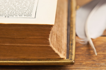 piece of old book (Bible) and featherの写真素材