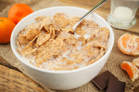 healthy and delicious breakfast (corn flakes with milk)