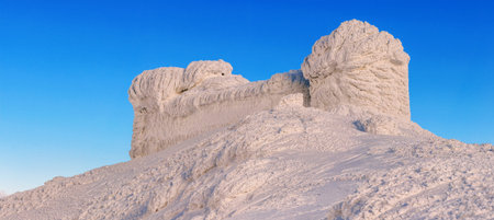 abandoned snow-covered observatory on the mountain Pip Ivan, called White Elephant in the Carpathian...