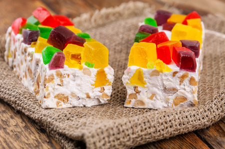 delicious and sweet turkish delight on burlap napkinの写真素材