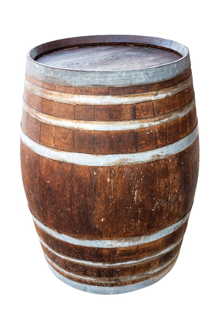 old barrel with wine isolated on whiteの写真素材