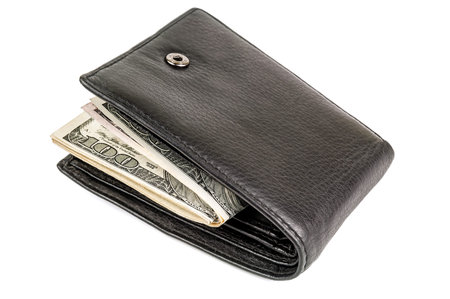black leather wallet with dollars isolated on white