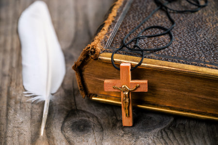 holly Bible, cross and feather. Religion theme