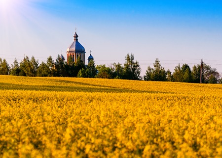 Beautiful spring rural agriculture landscape with small church, rape field and blue skyの写真素材