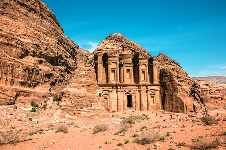 Highlight of Petra, the amazing Ad Deir, The Monastery with blue sky. Jordanの写真素材