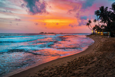 beautiful tropical sunset and beach on Sri Lankaの写真素材