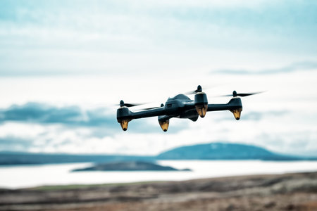black drone (quadcopter) in fly