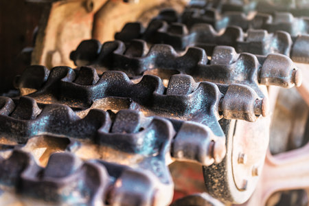 Details of hard steel old bulldozers track