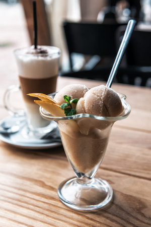 delicious fruit ice cream and latte coffee