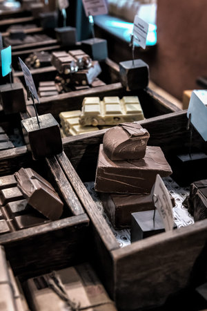 different delicious handmade chocolate in the shopの写真素材