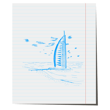 Hotel in Dubai drawn by hand on notebook sheet for design in travel agencies tourのイラスト素材