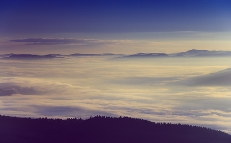 Beautiful foggy morning in the mountains.の写真素材
