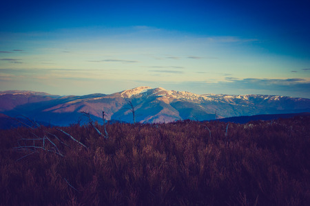 Majestic morning mountain landscape. Dramatic overcast sky.の写真素材