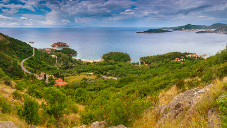 Panoramic landscape of Budva riviera in Montenegro. Balkans, Adriatic sea, Europe. View from the top of the mountain.の写真素材