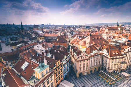 Panoramic view of Prague roofs and domes. Czech Republic. Europe. Filtered image: cross processed...