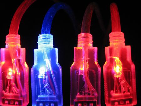 Luminous usb wires. Computer connection. New technologiesの写真素材