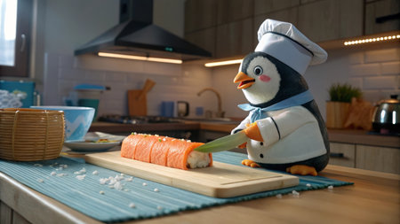 snowman in the kitchen with a knife and a plate of sushiの素材