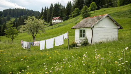 Laundry hanging on a clothesline in a green meadowの素材