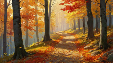 Autumn forest. The path in the autumn forest. Vector illustrationの素材