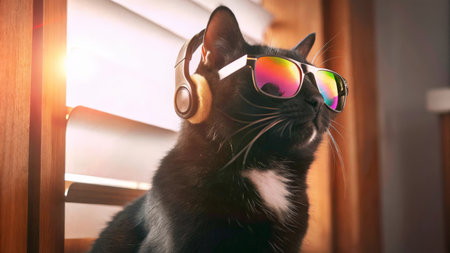 Black cat with headphones listening to music on the background of the windowの素材