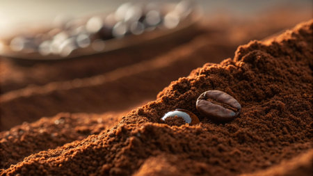 Coffee beans and ground coffee on a background of cocoa powderの素材
