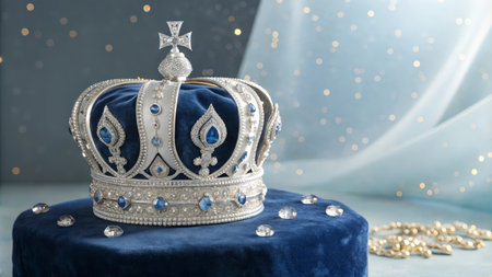Silver crown on blue velvet tablecloth with bokeh background.の素材